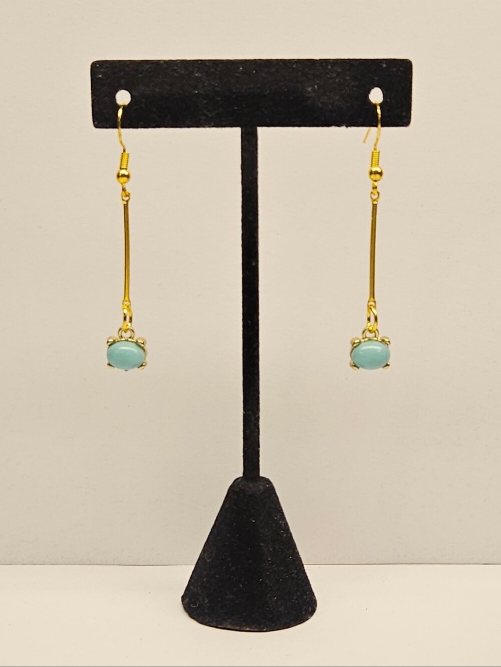 Gold-Tone Drop Earrings with Light Blue Colored Gemstones - Picture 2 of 5